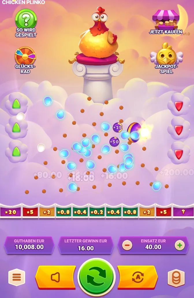 Betscore Casino Chicken Plinko Spiel mit Huhn und Gewinnmultiplikatoren