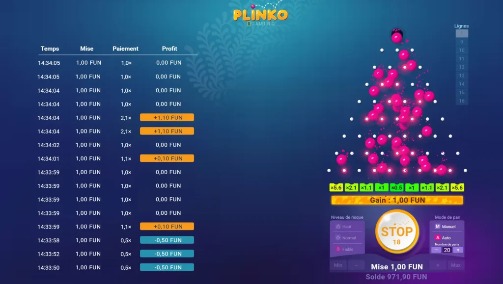 Betscore Casino jeu Plinko de BGaming avec multiplicateurs et historique des mises