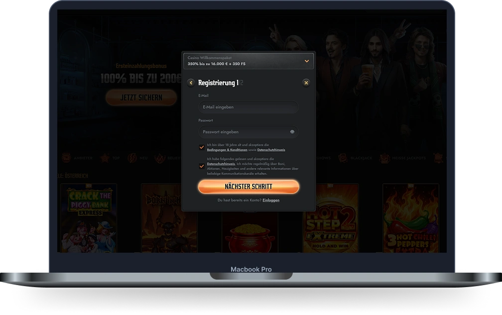 Gransino Casino Registrierung mit E-Mail-Adresse und Passwort