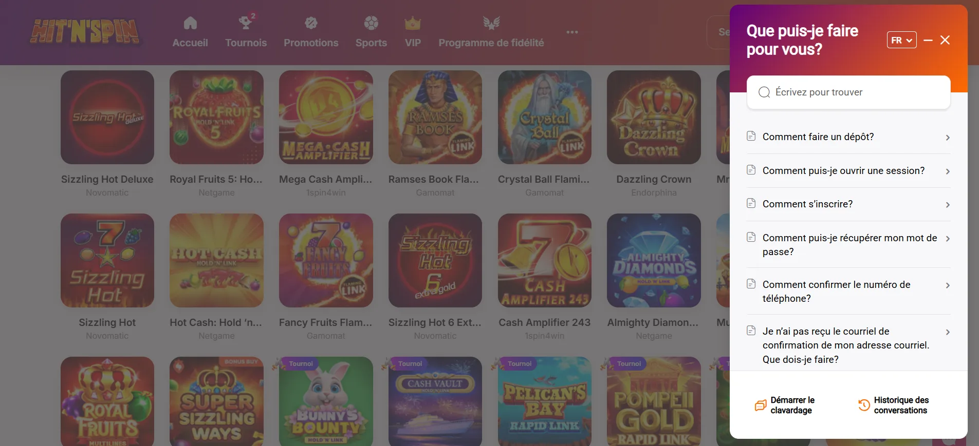 Assistance en ligne du casino HitnSpin