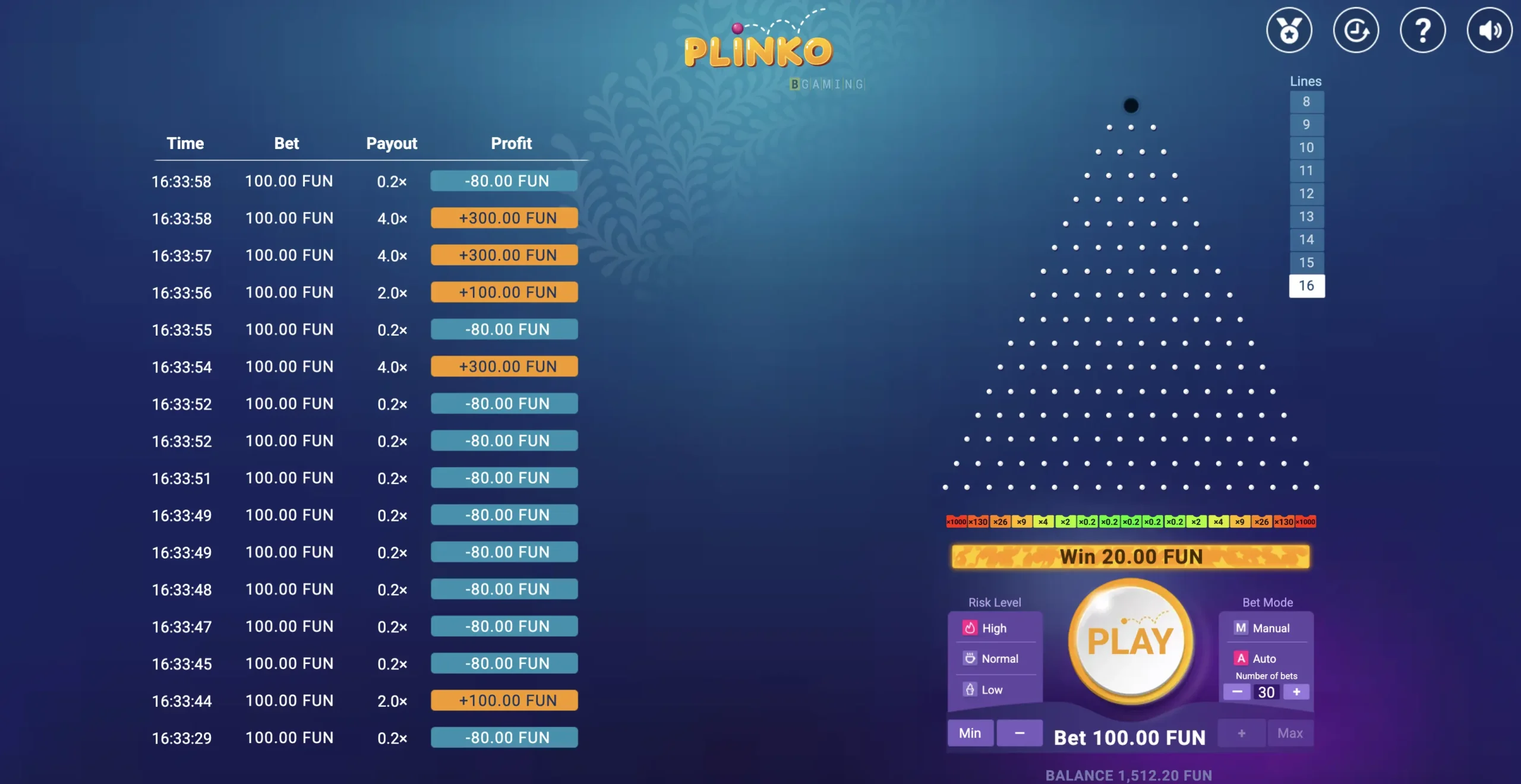 Screenshot der Plinko Demo-Version mit Spieloberfläche