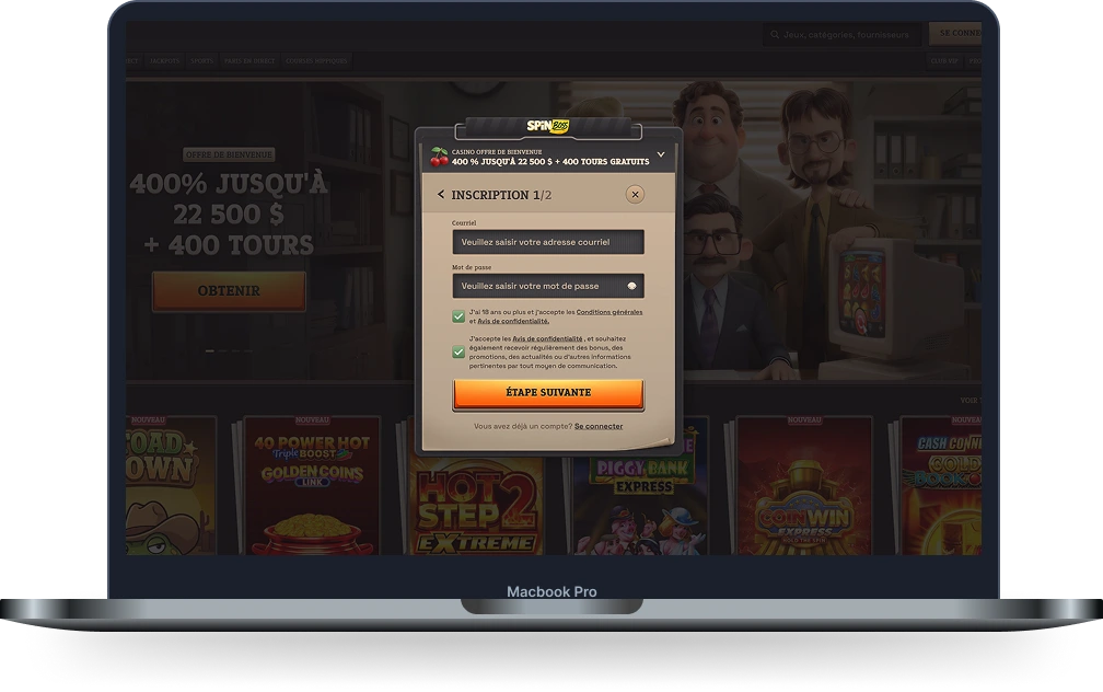Formulaire d’inscription SpinBoss Casino affiché sur un ordinateur portable