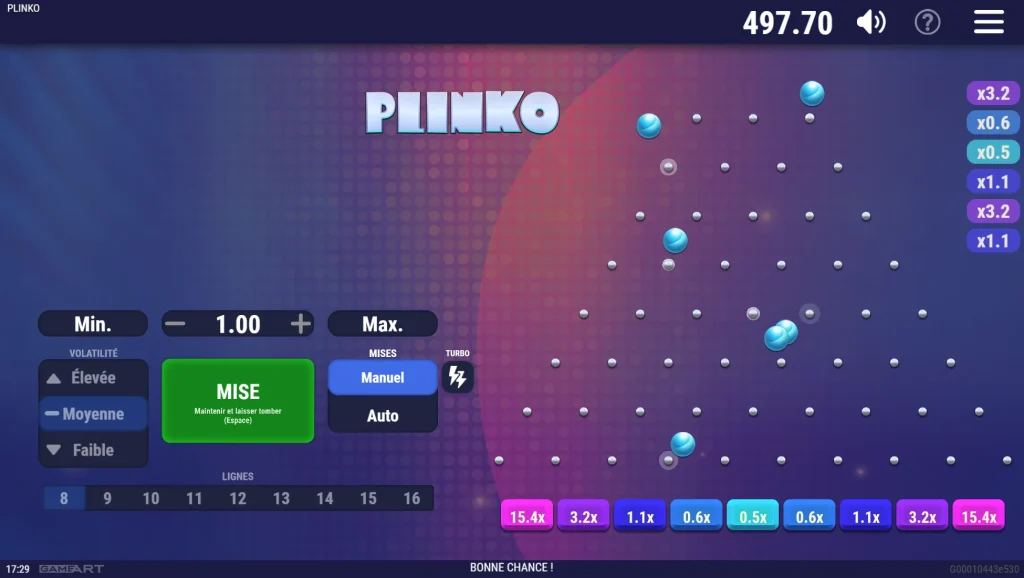 Interface du jeu Plinko sur SpinBoss Casino avec réglages de mise