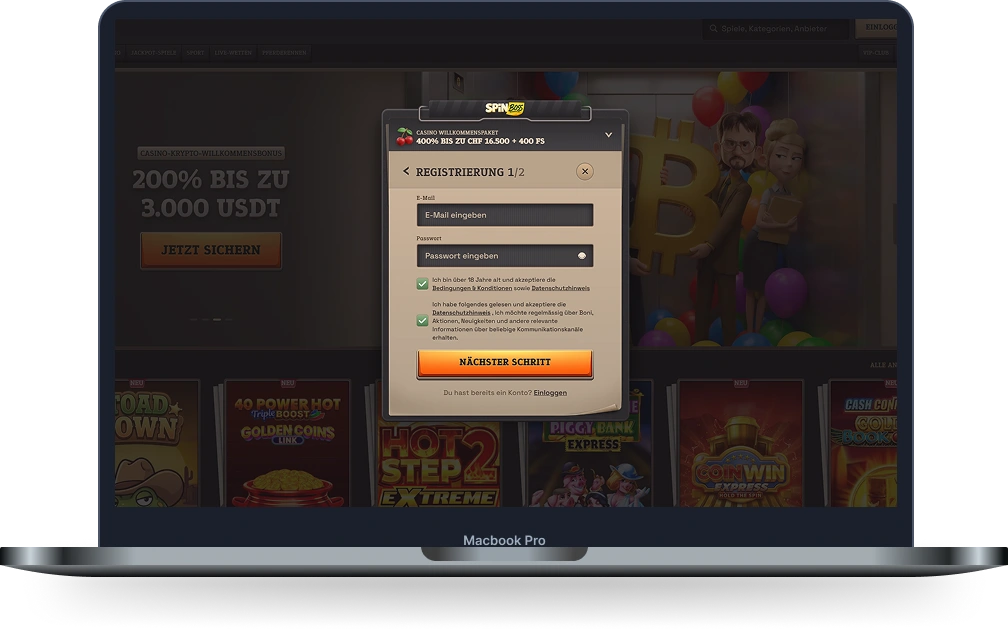 SpinBoss Casino Registrierungsformular auf der Startseite