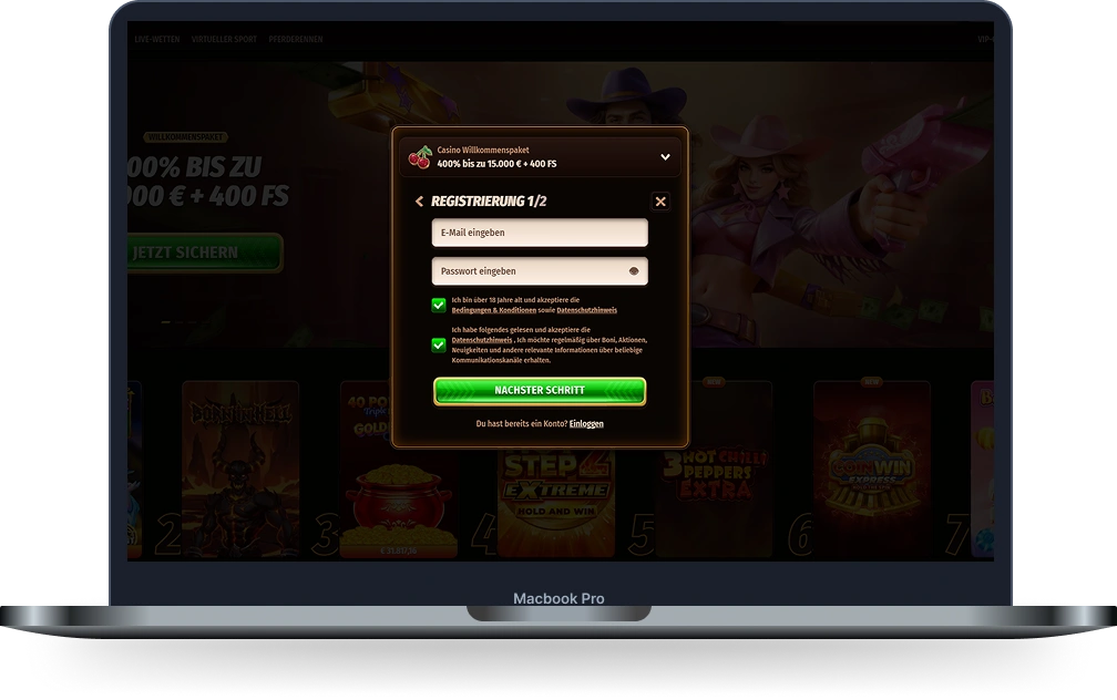 Westace Casino Registrierung mit E-Mail-Adresse und Passwort