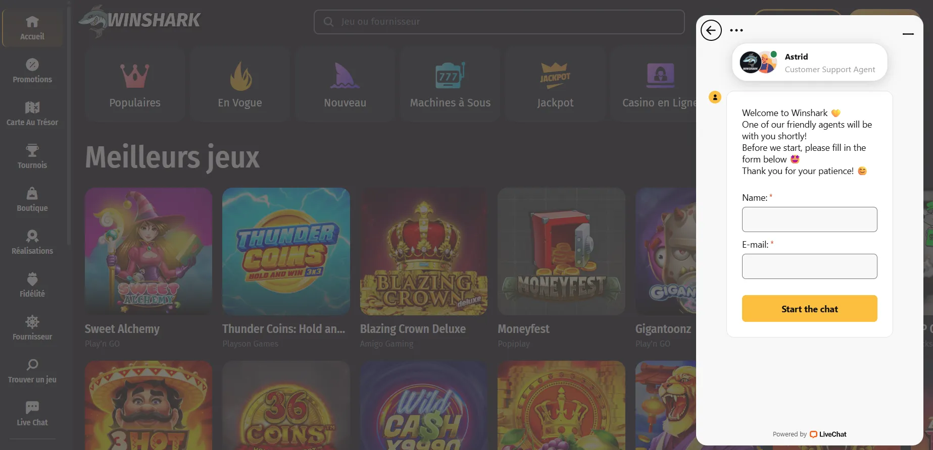 Assistance chat en direct WinShark Casino