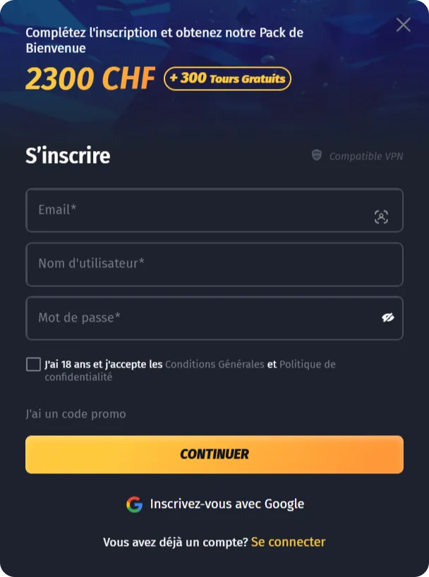 Fonctionnalités d'inscription WinShark Casino